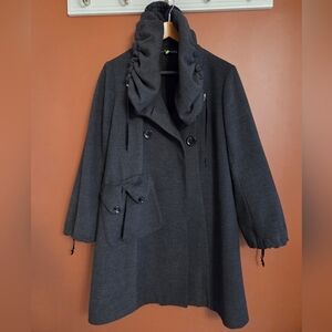 “Extenzo Paris Charcoal Wool-Blend Coat with Sculpted Ruched Collar & Oversized